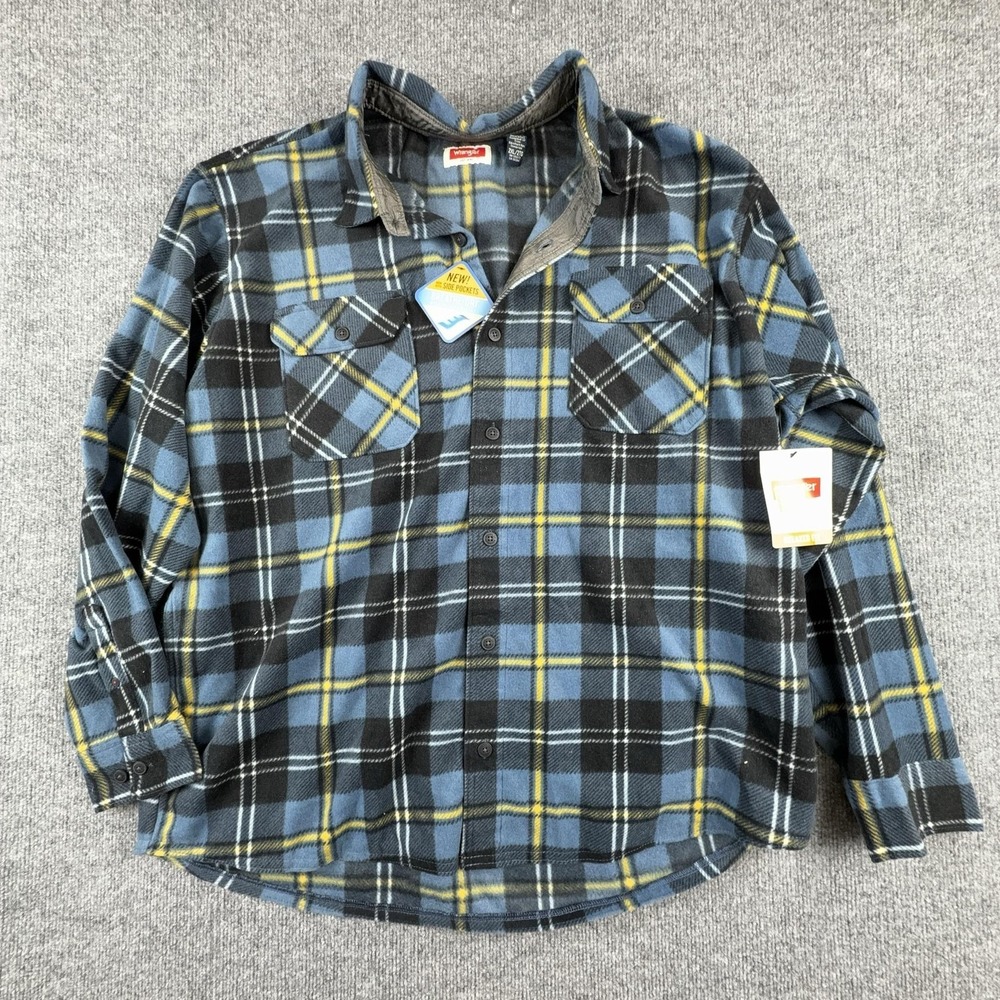 VTG Wrangler Shirt Mens 2XL Blue Plaid Fleece‎ Button Up Long Sleeve Relaxed Fit